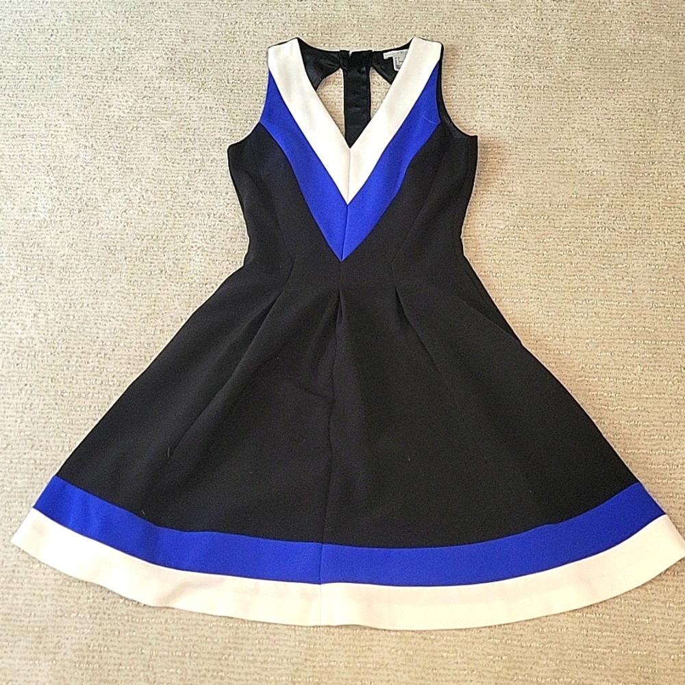 H&M Black, Blue, and White Striped Cocktail Dress w/ Hidden Pockets